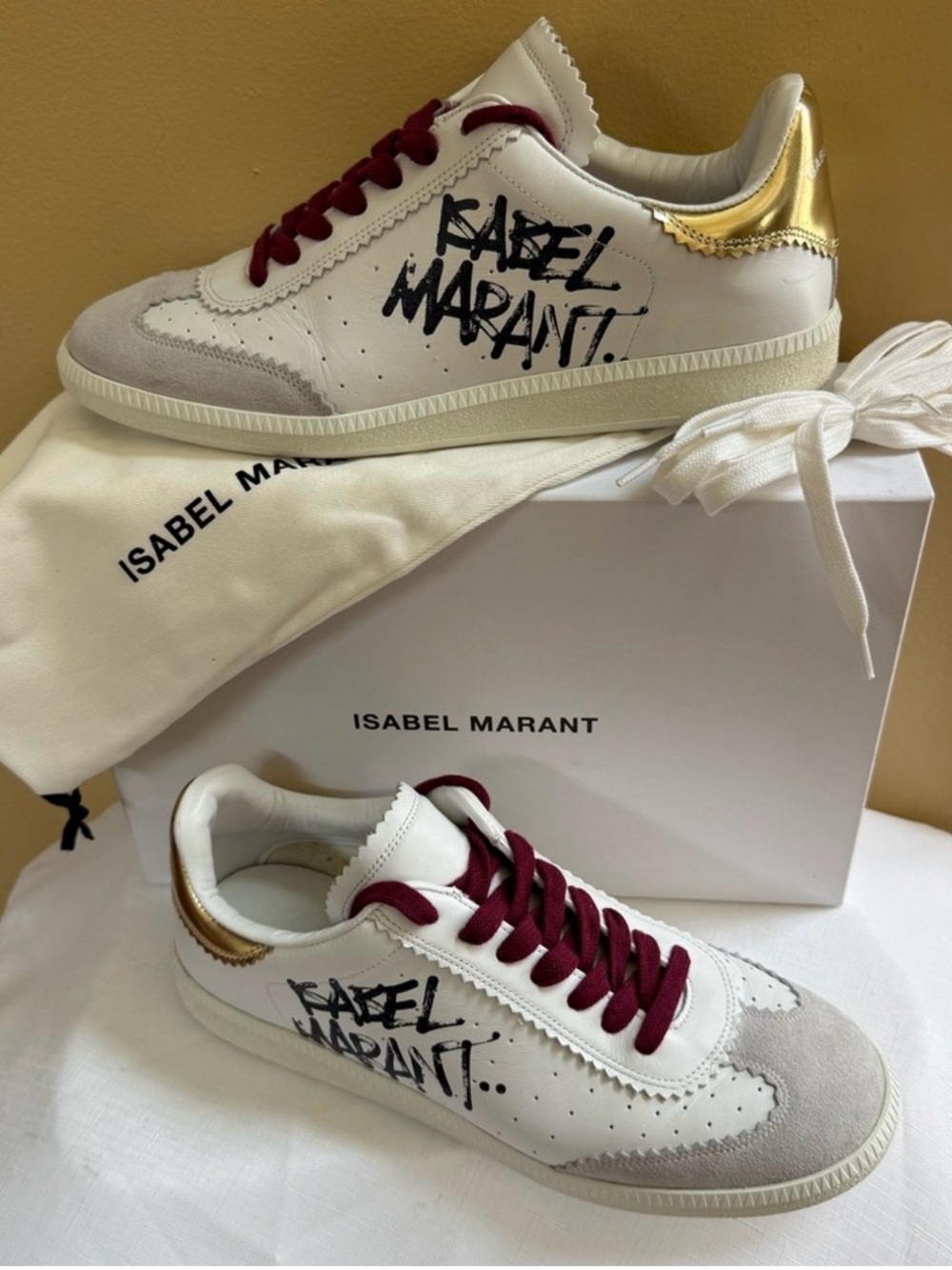 Isabel Marant White Sneakers with Gold Heel Accent and Graffiti Logo - Picture 9 of 10